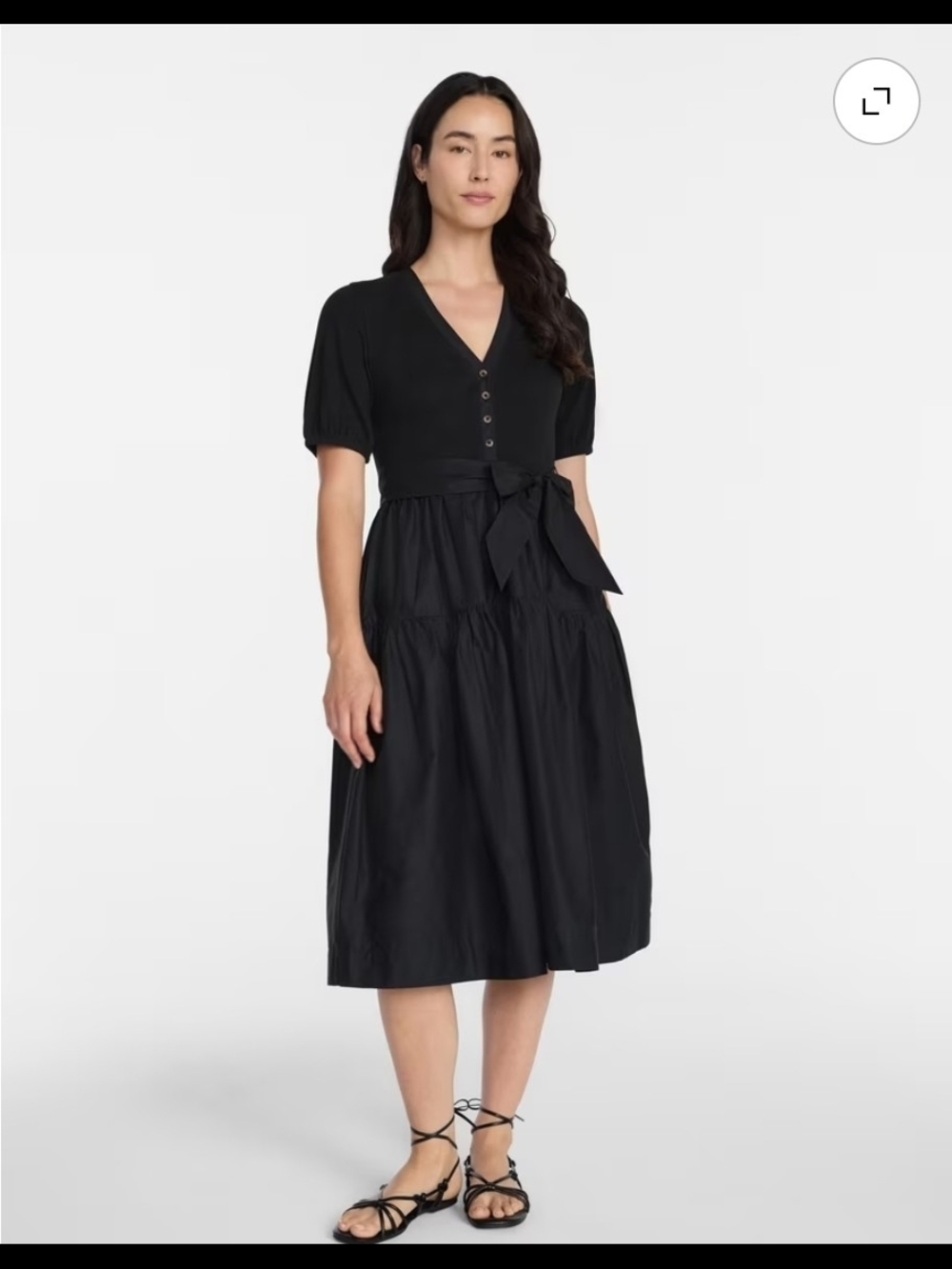 Time and Tru Black V-Neck Tiered Midi Dress with Tie Waist